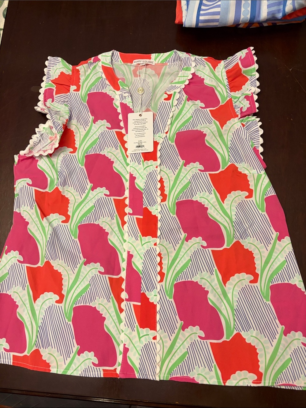 Mary Square Pink & Red Floral Ruffle Sleeve Blouse
